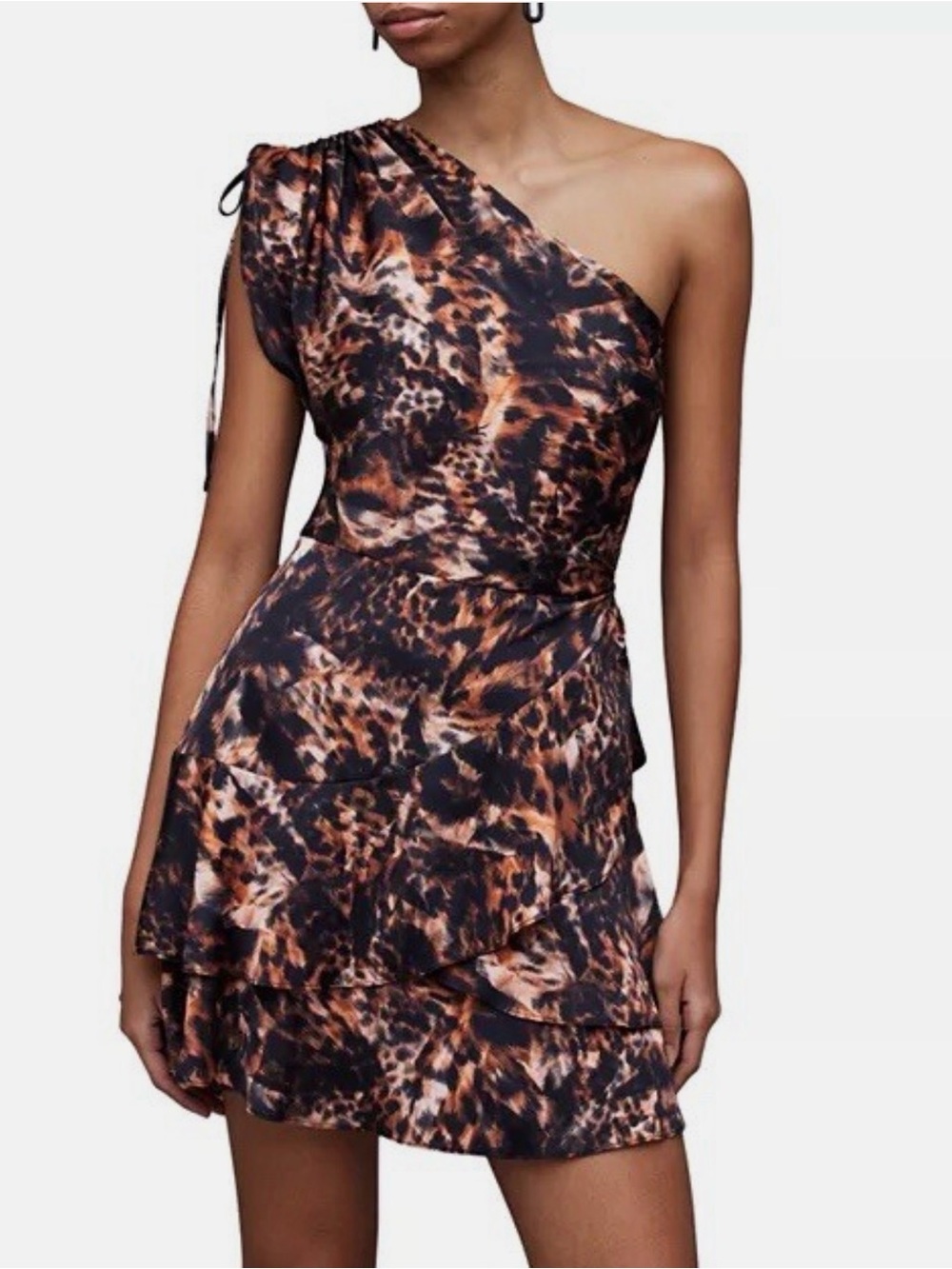 AllSaints Claya SparkOne-Shoulder Leopard Print Dress in Black and Brown